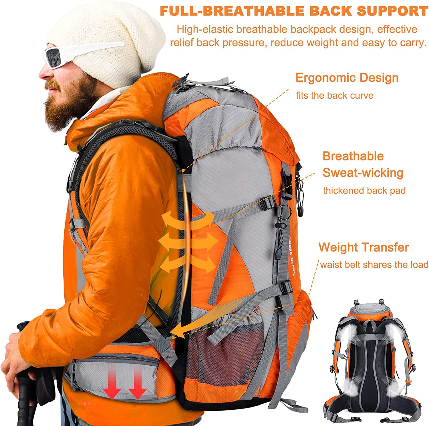 50L Waterproof Hiking Backpack with Rain Cover - Lightweight 45+5L Backpacking Essentials for Adventurers