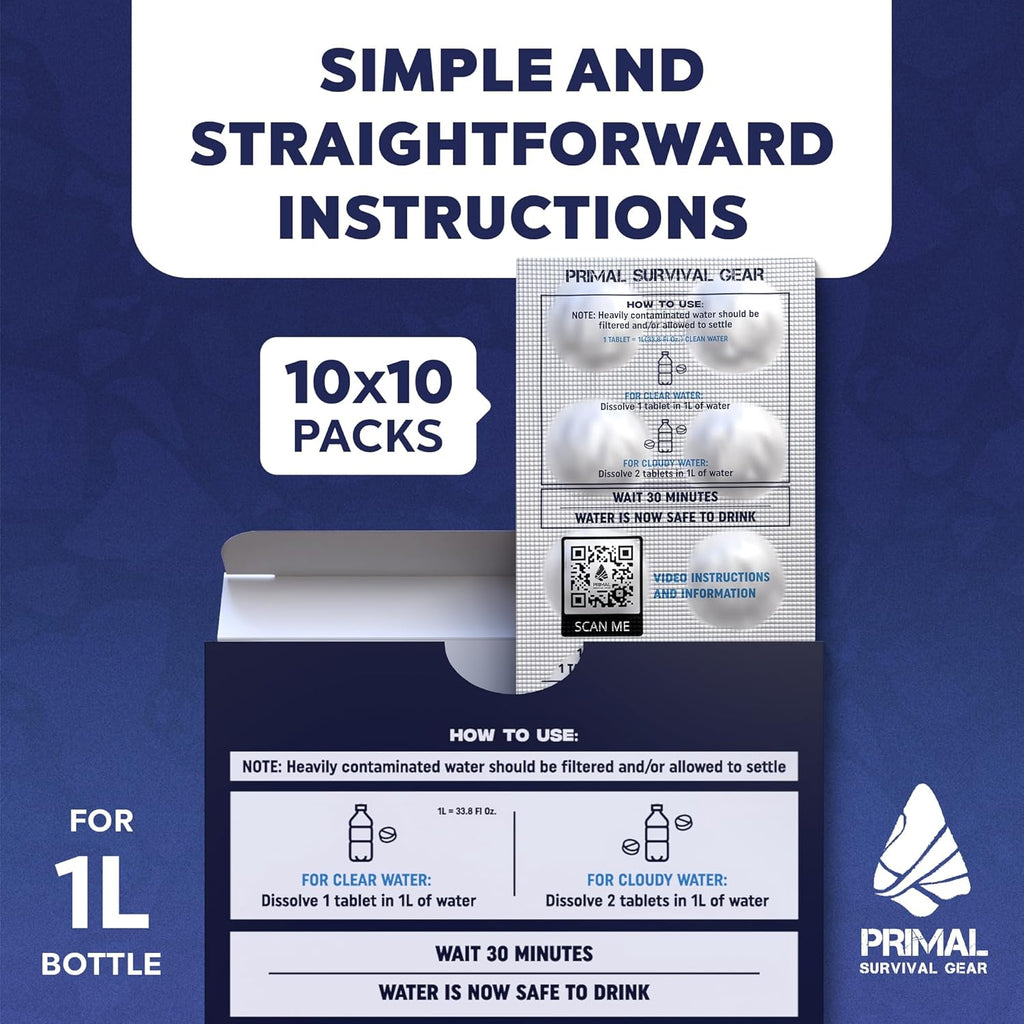 Ultimate Water Purifier Tablets – Essential Emergency Water Filtration for Hiking, Camping, and Survival – 100 Tablets for Safe Drinking Water – Purificador De Agua - 1L