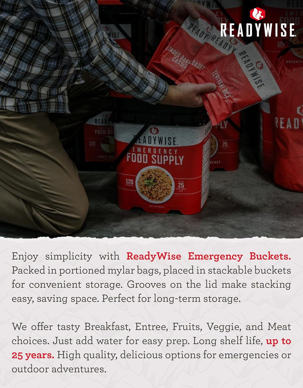 84 Servings of Long-Lasting Breakfast & Entrée Meals - Perfect Emergency Food Supply Bucket for Camping, Backpacking, and Prepping with a 25-Year Shelf Life
