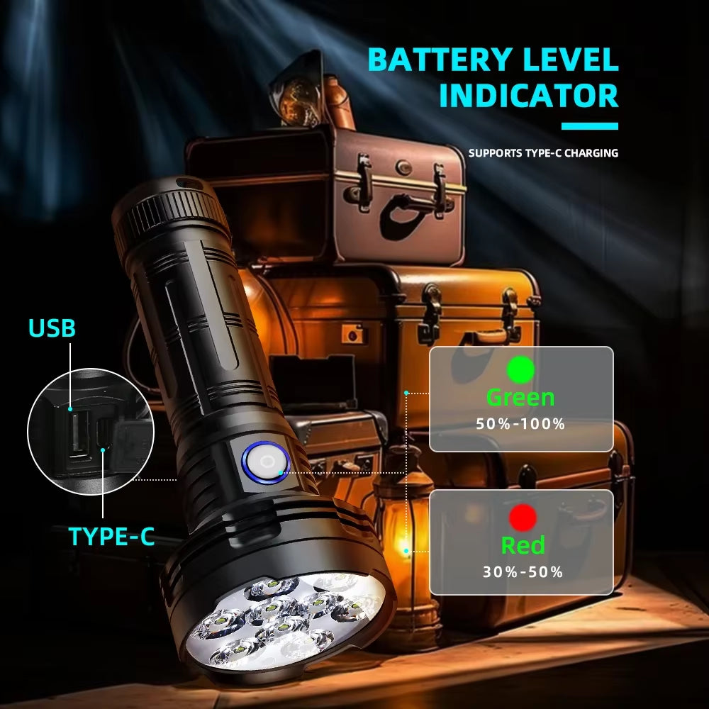 Ultra-Bright 5100 Lumen LED Torch - Rechargeable Aluminum Flashlight with SOS Mode for Outdoor Adventures