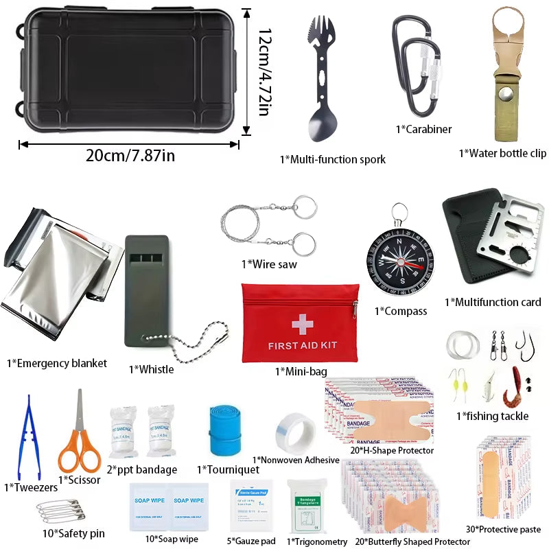 57-Piece Comprehensive Survival and First Aid Kit: Essential Emergency Equipment with Fire Starter for Camping, Fishing, and Emergency Situations