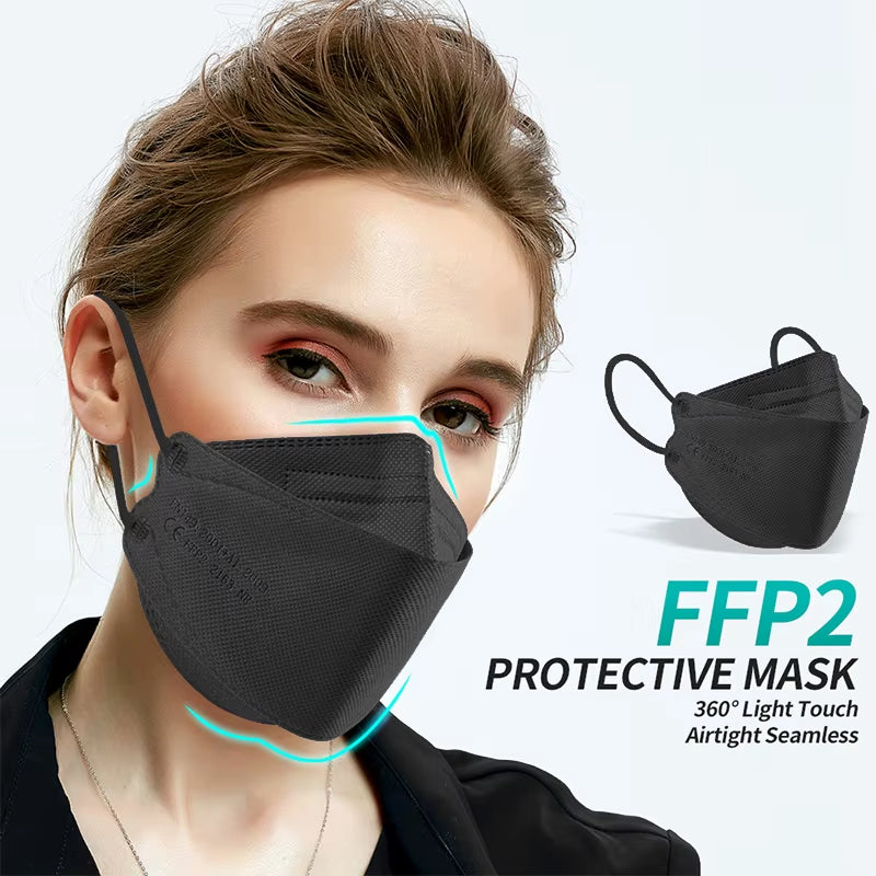 Premium FFP2 KN95 Black Fish Masks - Ultimate Protection in 10 to 100 Packs, CE Certified for Your Safety