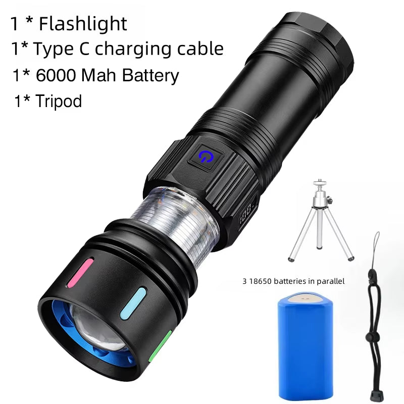 Illuminate Your Adventures with the Versatile Rechargeable 7070 LED Flashlight - Multi-Color Lighting & Durable Aluminum Design for Every Outdoor Emergency