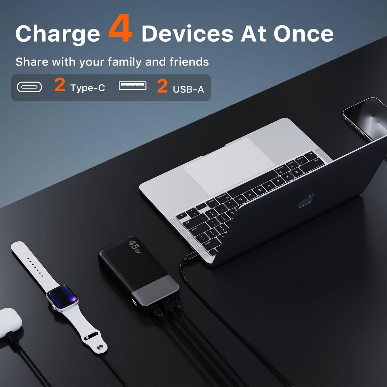 J2621 20000mAh Power Bank - 45W Fast Charging Portable Charger with LED Display, Dual USB-C & USB-A for iPhone 15/16 and MacBook