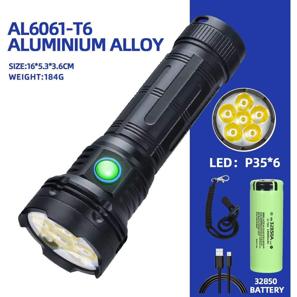 Ultra-Bright 5100 Lumen LED Torch - Rechargeable Aluminum Flashlight with SOS Mode for Outdoor Adventures