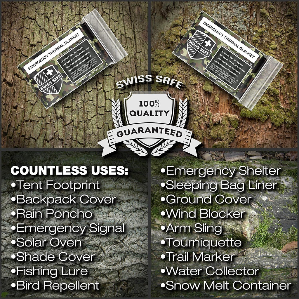 Stay Warm and Prepared with Our 4 Pack Mylar Emergency Blankets - Lightweight, Waterproof, and Compact for All Your Outdoor Adventures - Woodland Camo Design