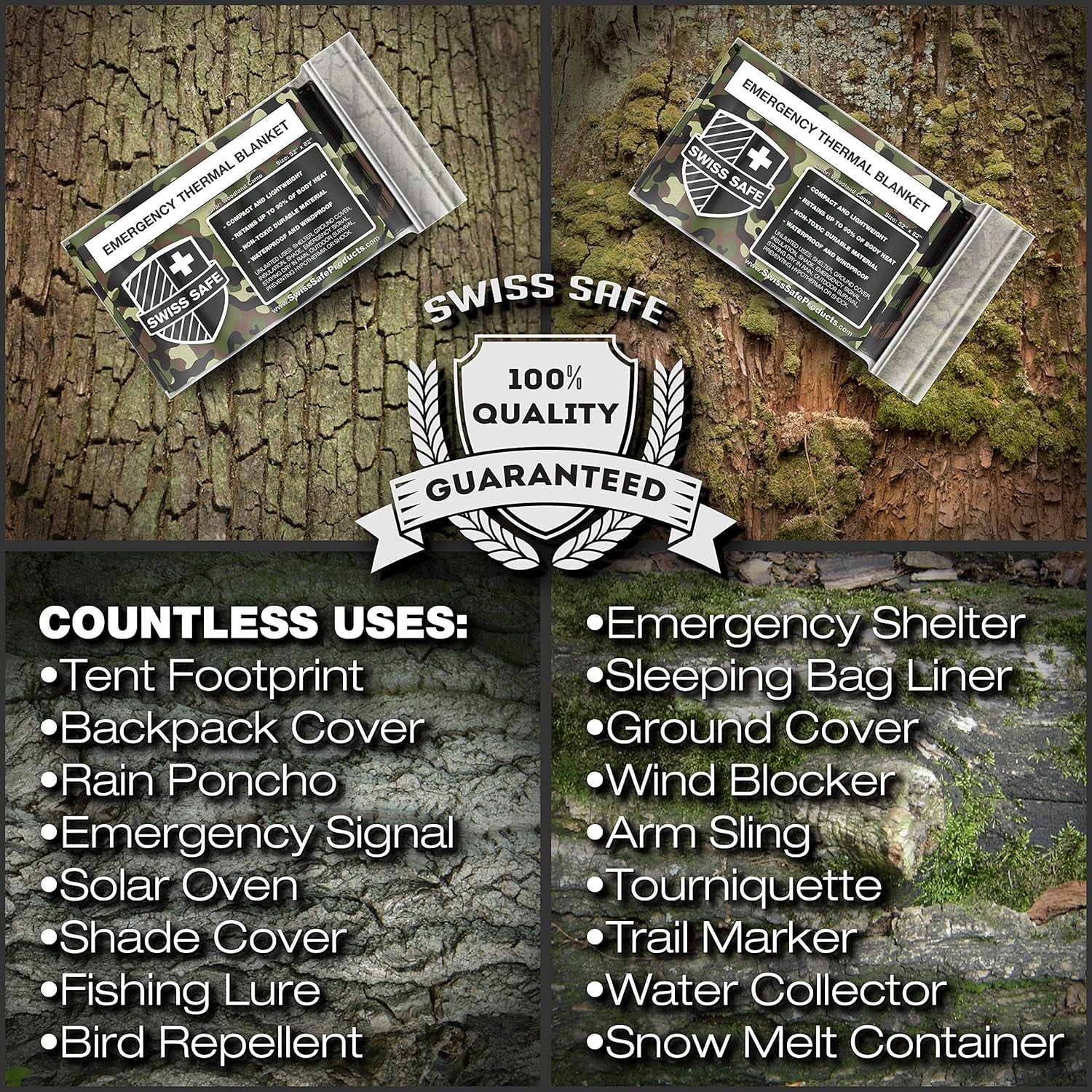 Stay Warm and Prepared with Our 4 Pack Mylar Emergency Blankets - Lightweight, Waterproof, and Compact for All Your Outdoor Adventures - Woodland Camo Design