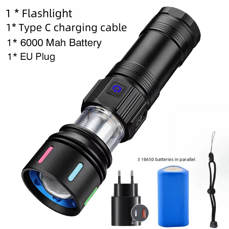 Illuminate Your Adventures with the Versatile Rechargeable 7070 LED Flashlight - Multi-Color Lighting & Durable Aluminum Design for Every Outdoor Emergency