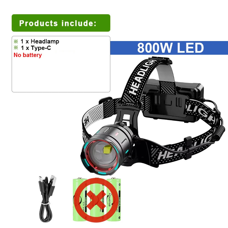 2025 New High Power 800W LED Headlight 500000000LM Super Bright Zoom Waterproof Headlamp Outdoor Camping Work Hunting Lantern