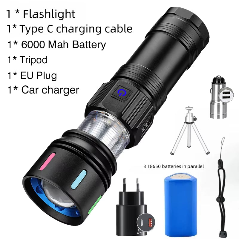 Illuminate Your Adventures with the Versatile Rechargeable 7070 LED Flashlight - Multi-Color Lighting & Durable Aluminum Design for Every Outdoor Emergency